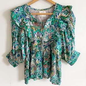 CHUFY Ancient Burma Zeya Puff Sleeve boho Blouse top in green sz XS cotton silk